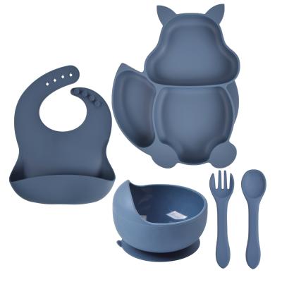 China Minimalist Silicone Baby Bib Bowl Dish Fork Spoon Set New Silicone Baby Dinner Suction Dish Set for sale