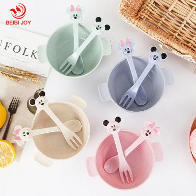 China Children's Training Dish Baby Bowl Spoon Feeding Training Fork Contemporary Children's Wheat Dishes Straw Baby Cartoon Tableware Set for sale