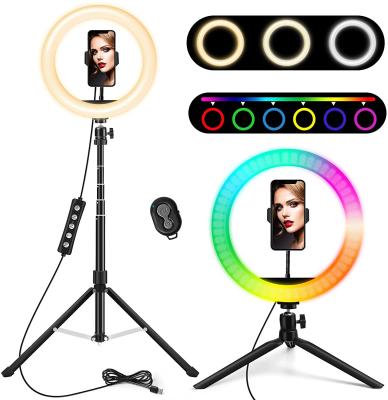 China Hot sale professional 10 inch RGB tiktok PORTABLE video makeup led flash circle selfie fill ring light with tripod stand phone holder for sale