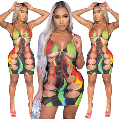 China Sexy Washable Summer See Women's Halter Sling Cut Out Mesh Suspender Printed For Dress for sale