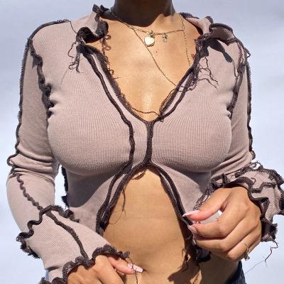 China Breathable Fashionable Spring Clothes Sexy Split Edge Long Sleeve Cute Basic Crop Top T Shirt Ladies Fashion Y2K Tops Long Sleeves Shirts for sale