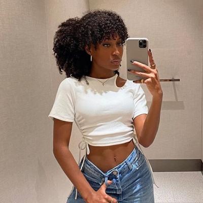 China Viable Casual Summer Women Short Sleeve T-shirt Solid Color Ruched Sheer Crop Tops Drawstring Cropped Tee Streetwear Women T-Shirts for sale