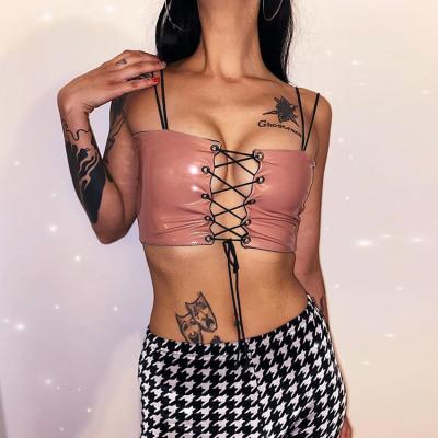 China Sustainable Sexy Hollow Lace Up Cropped Camisole Tops Spaghetti Strap Tank Top For Women Party Wear Crop Tank Top for sale