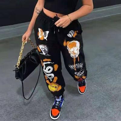 China 2021 Newest Autumn Winter Fashion Washable Active Women Thicken Print Black Drawstring Straight High Waist Long Pants for sale