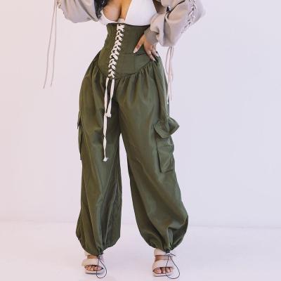 China Spring Viable Fashion Streetwear High Waist Tied Wide Leg Lace Up Women Harem Corset Panty Green Pants Design Loose Cargo Pants for sale