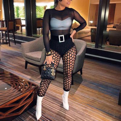 China 2021 New Arrivals Washable Fashion Mesh Nightclub Black Mid Waist Skinny Sexy Chic Long Pants Lace Up Pants Trousers - YS for sale