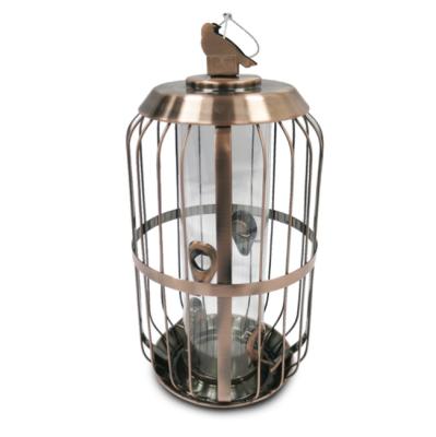 China Sustainable Outdoor Crafts Garden Decoration Brass Copper Birdcage And Glass Bird Hanging Feeder for sale