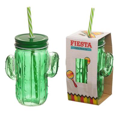 China Wholesale Glass Beverage Stocked Cactus Mason Jar With Lid And Straw for sale