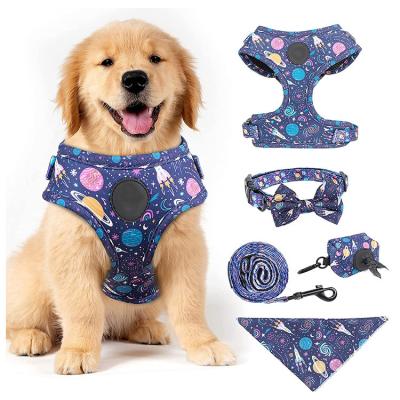 China OEMODM Designer Light Reversible Custom Printing Dog Harness Set and Leash Bandana Collar Padded Bow Tie for sale