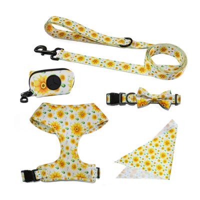 China Custom Design Low Price Padded Dog Harness Light Duty Padded Collar And Leash Set With Bow Tie Bandana for sale