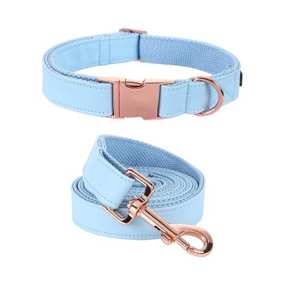 China Durable Durable Adjustable Soft Vegan Fashion Rose Gold Metal Buckle Dog Leather Collar And Leash for sale