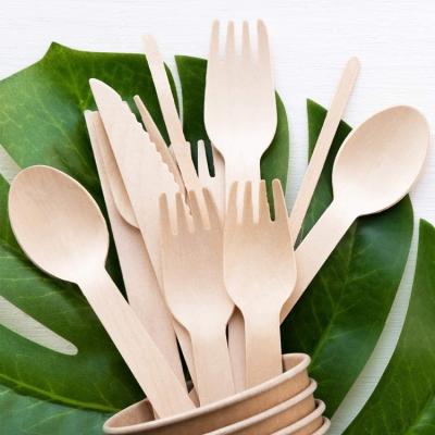 China Eco-Friendly Biodegradable Disposable Wood Spoon Knife And Fork Knife Wood Spoon Customize Disposable Package Cutlery Set for sale