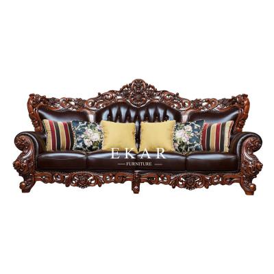 China Oak Wooden Carving Design Royal Luxury Living Room 7 Seater Leather Sofa Set for sale