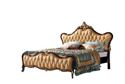 China Black painting and gold leaf Solid Wood King Size Royal Wooden Design Leather Bed for sale