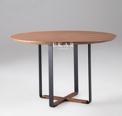 China Wooden Walnut Metal Legs Round Dining Table With Rotating Centre for sale