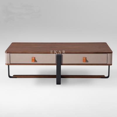 China 2 Drawer Wooden With Leather Rectangle Metal Frame Modern Coffee Table for sale