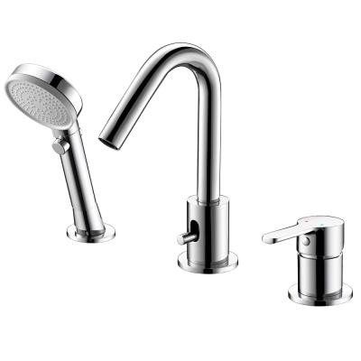 China Modern Deck Mounted Double Handle Pull Out Bathroom Basin Faucet, 3 Hole Tub Faucet With Shower for sale