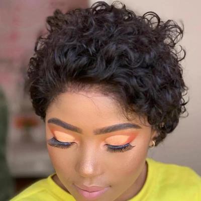 China Brazilian Curly Pixie Cut Transparent Lace Wigs Water Wave Hair Wigs 13x1 Lily Short Curly Lace Front Curly Wigs For Black Women for sale