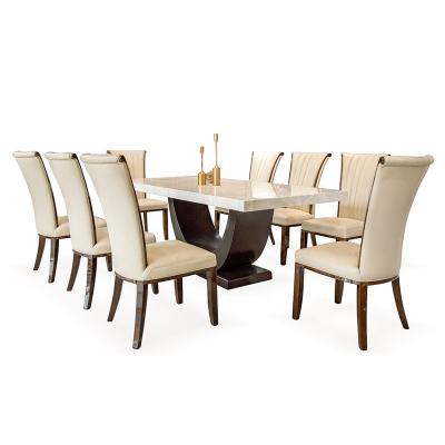 China 8 Seat Solid Wood Dining Set Artificial Marble Dining Table With Leather Chair for sale