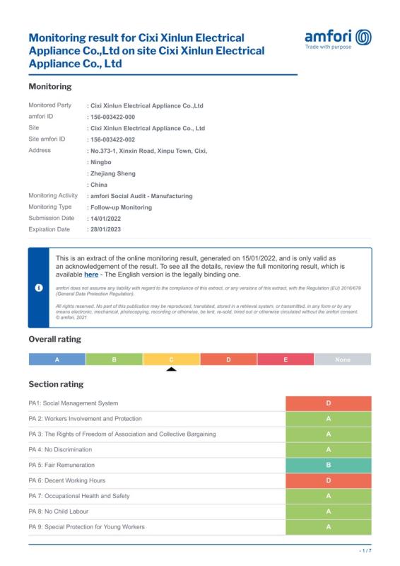 BSCI - Cixi Xinlun Electrical Appliance Co., Ltd.