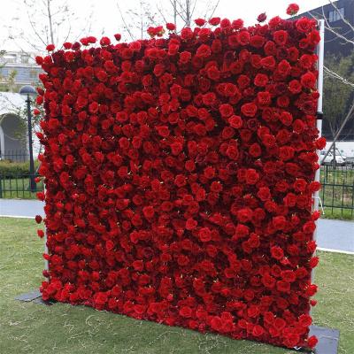 China Touch Natural Best Selling 5D Roll Up Wedding Stage Decoration Artificial Flower Wall Backdrops Mats Red Rose Flowers Wall Panel for sale