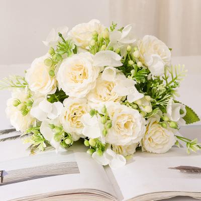 China Natural Hot Artificial Silk Hydrangea Small Peony Wedding Decoration Contact Selling Bridal Bouquets Bloom White Rose Floral Bouquet Flowers for sale