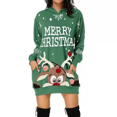 China Anti-Wrinkle Women's Casual Christmas Printed Pocket Hooded Sweater Long Sleeve Loose Dress for sale