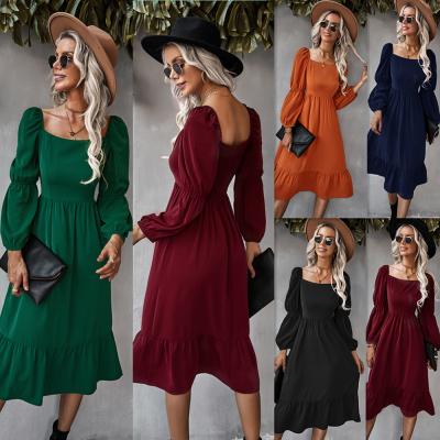 China 2021 Long Sleeve Dress A-Line Dress French Style Casual Vacation Dress Solid Breathable Women's Dress for sale