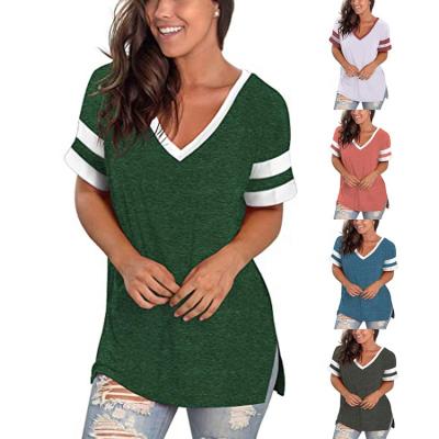 China 2021 New Fashion Anti-wrinkle Women's Casual Loose V-neck T-shirt Short Sleeve for sale