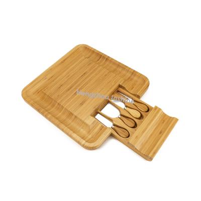 China Traditional Cheese Tools Wooden Bamboo Cheese Dish Board with Utensils Set and 4 Stainless Steel Cutting Knives for sale