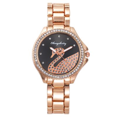 China Water Resistant Fashion Women New Swan Diamond Stainless Steel Quartz Wrist Gold Luxury Ladies Watches JAW-0708 for sale