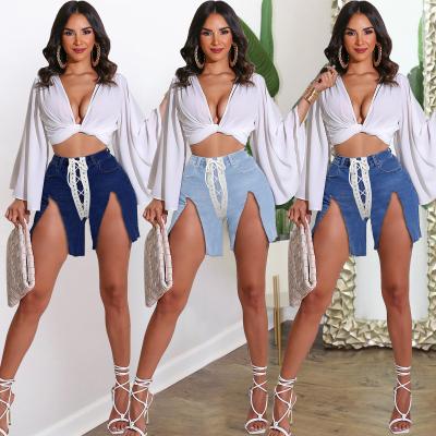 China High quality QUICK DRY streetwear women blue XLL denim with pocket high waist stretch jeans women lace up women slit jeans shorts 2022 for sale