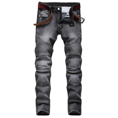 China XLL breathable hip hop slim fit washed straight leg jeans with 4 patch over knee and rips pads motorcycle mens denim pants nostalgic for sale