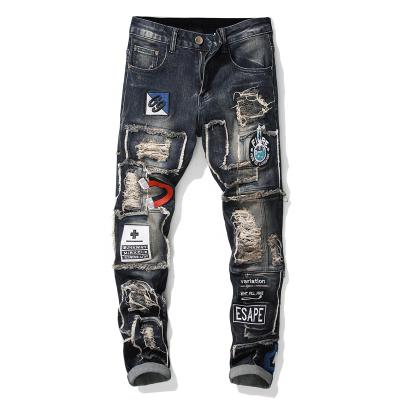 China 2021 wholesale hombr 2021 wholesale breathable vibrant ripped patch men's regular fit denim jeans vintage stretch biker jean culottes for sale