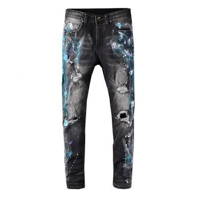 China Viable Men's Casual Skinny Jeans Destroyed Fit 2021 Fringed Thin Men's Paint Splatter Ripped Jeans For Stylish Custom Logo for sale