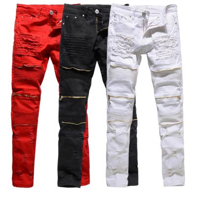 China Wholesale custom breathable riped jeans cotton jeans for men white faux zippers hole celana jeans high quality casual pria for sale