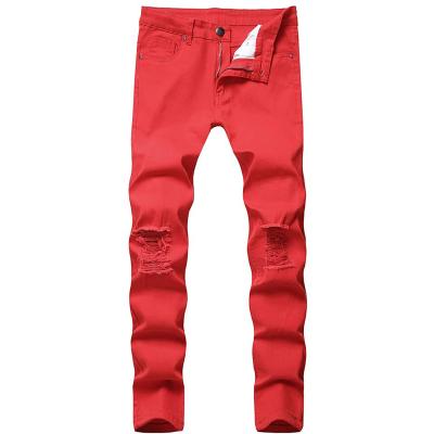 China Wholesale custom logo high quality red regular men's breathable jeans straight ripped pants lattice man for stylish for sale