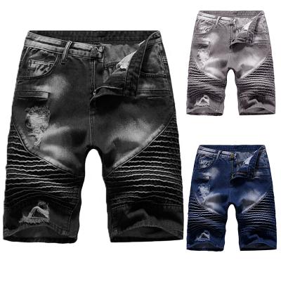 China 2021 Wholesale Custom Breathable Blue Striped Denim Straight Mens High Quality Ripped Urban Stacked Short Pants With Logo for sale