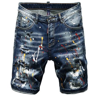 China 2021 Viable Wholesale High Quality Blue Jeans Splatter Paint Splatter Men's Patchwork Lattice Regular Straight Ripped Men's Short Men's Stitch Viable for sale