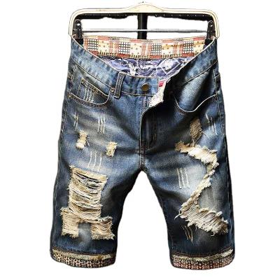 China Viable Wholesale High Quality Blue Men's Lattice Abbreviation Patchwork Stylish Regular Straight Ripped Denim Shorts Man for sale