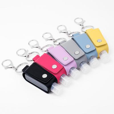 China 30ml Outdoor Student Hand Sanitizer Bottle Holder Key Bag Solid Color Pu Case Disinfection Hanging Leather Bag for sale