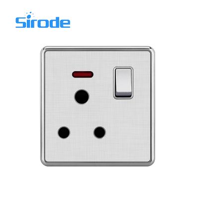 China Easy Installation Sirode British UK Standard Air Conditioner Approved 15A Power Point Silver Single Wall Socket With Switch And Neon Light for sale