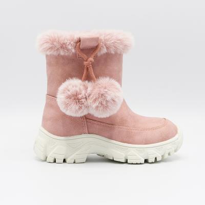 China Custom Cute Round Pink Round Cute Serious Stay Design Down Ball Down Plush Fur Warm Snow Boots for sale