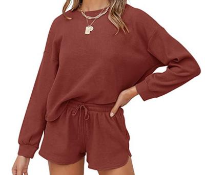 China QUICK DRY Ladies Plain Colors Soft Round Neck Fabric Waffle Perfect Sleeve Length Shirt With Convenient Side Pockets Shorts Sets for sale