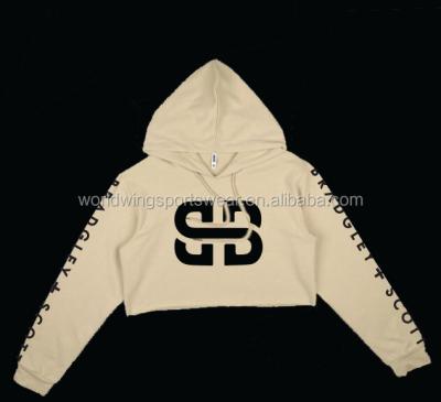 China High quality anti-pilling ladies fleece material with custom big logo on front and sleeves fashion cropped hoodie for sale