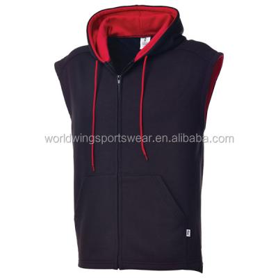 China Custom anti-pilling men's cotton fleece plain navy blue and red with full zip with kangaroo pocket on the front sleeveless sports vest for sale