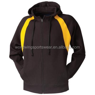 China Custom anti-pilling men's polycotton fleece black with yellow panels solid zip up hoodie for sale