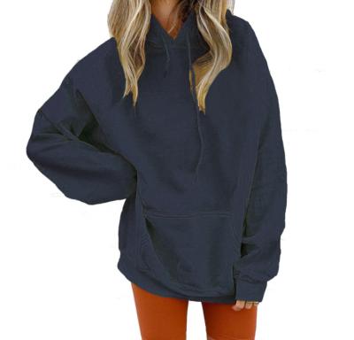 China Dark blue ladies custom plain anti-pilling with drawstring hood and front kangaroo pocket fashion pullover oversized hoodie for sale