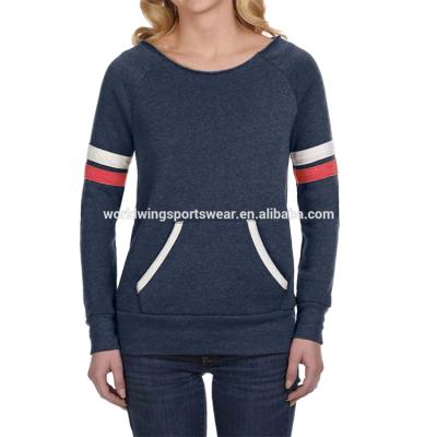 China Anti-pilling Ladies Polycotton Eco Fleece Triblend Raw Neckline Contasting Stripes On Every Sleeves Fashion Pullover Sweater for sale