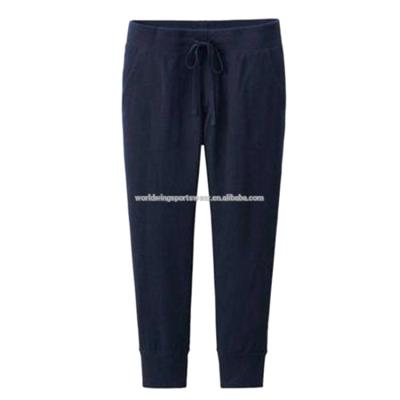 China Plain custom 65% cotton 35% spandex girls anti-pilling navy blue with ribbed edges cropped sports pants for sale